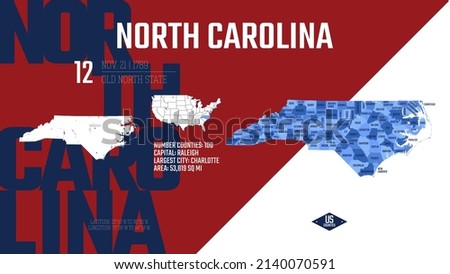 12 of 50 states of the United States, divided into counties with territory nicknames, Detailed vector North Carolina Map with name and date admitted to the Union, travel poster and postcard