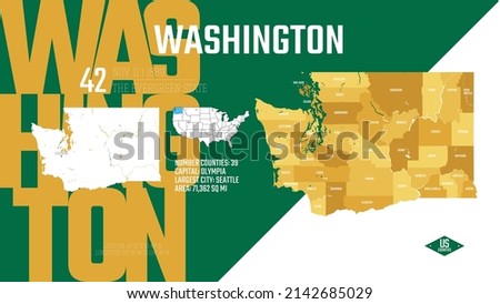 42 of 50 states of the United States, divided into counties with territory nicknames, Detailed vector Washington Map with name and date admitted to the Union, travel poster and postcard