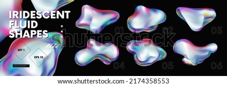 3d Fluid holographic iridescent shapes, abstract colorful bright liquid amorphous rainbow bubbles, fluorescent chameleon gradient vector elements of various forms, set 1