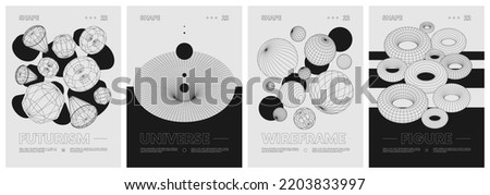 Strange wireframes of geometrical shapes modern design inspired by brutalism, geometric figures contemporary artwork, abstract monochrome vector set posters, cover, invitation