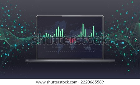 Innovative futuristic technologies for processing big data, analysis and structuring of information on the background of a laptop with a world map, conceptual vector illustration
