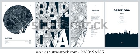 Set of travel posters with Barcelona, detailed urban street plan city map, Silhouette city skyline places of interest, vector artwork