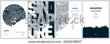 Set of travel posters with Singapore, detailed urban street plan city map, Silhouette city skyline, vector artwork