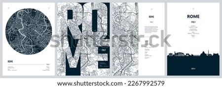 Set of travel posters with Rome, detailed urban street plan city map, Silhouette city skyline, vector artwork