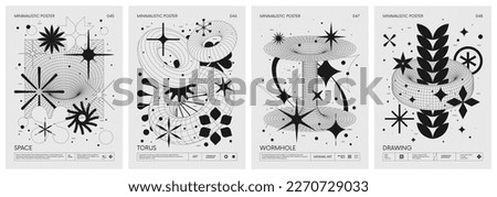 Futuristic retro vector minimalistic Posters with strange wireframes graphic assets of geometrical shapes modern design inspired by brutalism and silhouette basic figures, set 12
