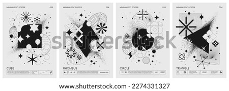 Futuristic retro vector minimalistic Posters with geometric shapes dissolve into dust and strange wireframes graphic figures, modern design inspired by brutalism and silhouette basic figures, set 14