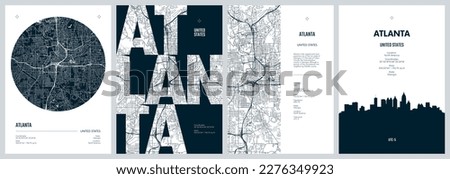 Set of travel posters with Atlanta, detailed urban street plan city map, Silhouette city skyline, vector artwork