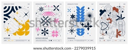 Brutalist style vector minimalistic Posters with strange wireframes graphic assets of geometrical shapes and silhouette basic figures, Modern color print artwork, set 17