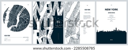 Set of travel posters with New York, detailed urban street plan city map, Silhouette city skyline, vector artwork