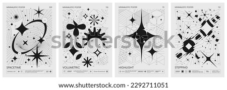 Futuristic retro vector minimalistic Posters with 3d strange wireframes form graphic of geometrical shapes modern design inspired by brutalism and silhouette basic figures, set 28