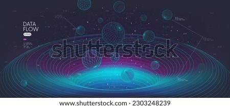 High-speed big data flow, Database tunnel information processing, innovative analytics and statistics of encoded data, cyberspace structural 3d geometric shapes black hole tech vector background