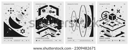 Futuristic retro vector minimalistic Posters with geometrical shapes various form, Abstract constructivism artwork composition inspired by brutalism in monochrome colors, set 34