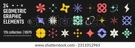 Vector abstract geometric graphic elements for design, Collection of various form, labels, shapes, stickers inspired by brutalism, set basic figures in y2k style, retro futuristic assets, set 6