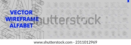 Collection of lowercase and uppercase letters and numbers, Geometric wireframes vector 3d sans serif bulk font, set of isometric alphabet inspired by brutalism, graphic design elements
