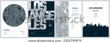 Set of travel posters with Los Angeles, detailed urban street plan city map, Silhouette city skyline, vector artwork