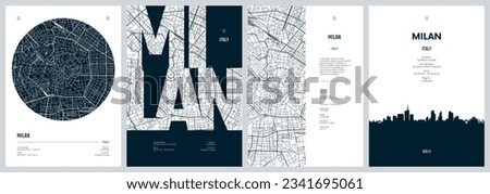 Set of travel posters with Milan, detailed urban street plan city map, Silhouette city skyline, vector artwork