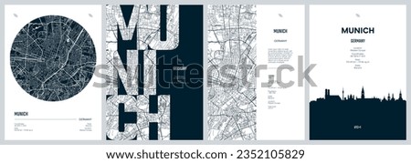 Set of travel posters with Munich, detailed urban street plan city map, Silhouette city skyline, vector artwork