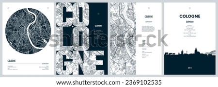 Set of travel posters with Cologne, detailed urban street plan city map, Silhouette city skyline, vector artwork