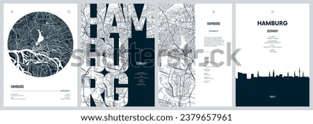 Set of travel posters with Hamburg, detailed urban street plan city map, Silhouette city skyline, vector artwork