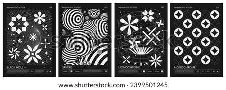 Black and White minimalistic Posters acid style with strange wireframes geometrical shapes and silhouette y2k basic figures, futuristic design inspired by brutalism, set 58