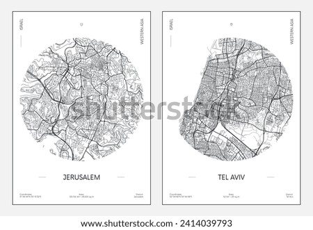 Travel poster, urban street plan city map Jerusalem and Tel Aviv, vector illustration