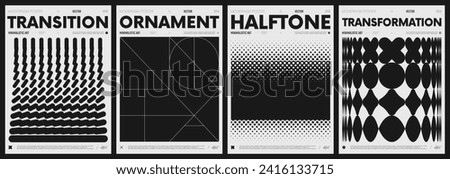 Modern abstract poster collection, vector minimalist posters with geometric shapes in black and white, brutalist style inspired graphics, bold aesthetic, shape distortion effect set 4