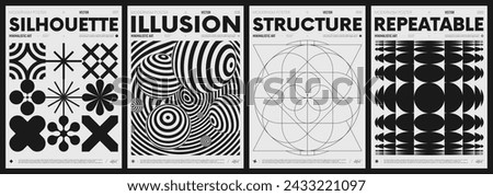 Modern abstract poster collection, vector minimalist posters with geometric shapes in black and white, brutalist style inspired graphics, bold aesthetic, shape distortion effect set 5