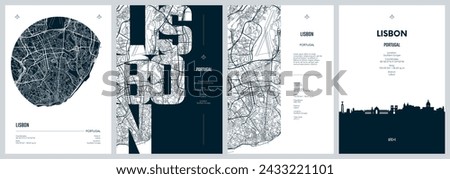 Set of travel posters with Lisbon, detailed urban street plan city map, Silhouette city skyline, vector artwork