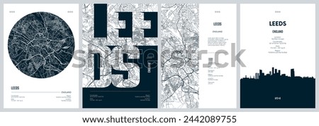 Set of travel posters with Leeds, detailed urban street plan city map, Silhouette city skyline, vector artwork