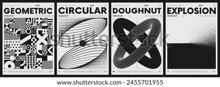 Modern abstract poster collection, vector minimalist posters with geometric shapes in black and white, brutalist style inspired graphics, bold aesthetic, shape distortion effect set 8