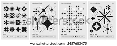 Brutalist style vector minimalistic Posters with silhouette basic figures, Retro futuristic graphic elements of geometrical shapes rave composition, Modern monochrome print artwork, set 59