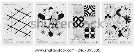 Brutalist style vector minimalistic Posters with silhouette basic figures, Retro futuristic graphic elements of geometrical shapes rave composition, Modern monochrome print artwork, set 62