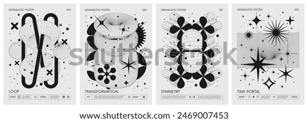 Brutalist style vector minimalistic Posters with silhouette basic figures, Retro futuristic graphic elements of geometrical shapes rave composition, Modern monochrome print artwork, set 63