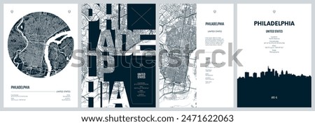 Set of travel posters with Philadelphia, detailed urban street plan city map, Silhouette city skyline, vector artwork