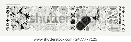 Vector graphic assets set in acid style, retro futuristic background with wireframe elements of different forms, bold modern shapes for design template, poster, stickers, banner in Y2k style set 10