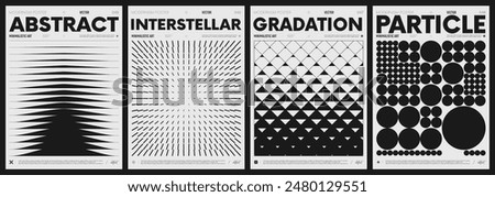 Modern abstract poster collection, vector minimalist posters with geometric shapes in black and white, brutalist style inspired graphics, bold aesthetic, shape distortion effect set 12