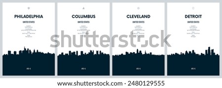 Travel vector set with city skylines Philadelphia, Columbus, Cleveland, Detroit detailed city skylines minimalistic graphic artwork