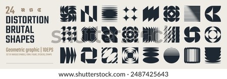 Postmodern abstract geometric graphic elements, Refraction and distortion glass effect various form, Brutalist vector shapes, trendy retro design symbols in Y2K aesthetics, vintage stickers