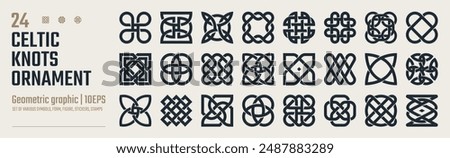 Set of Celtic outline knots ornament, Medieval viking tattoo shape vector, infinite weaving pattern, Collection of various form, stickers assets, abstract geometric graphic elements for design