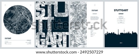 Set of travel posters with Stuttgart, detailed urban street plan city map, Silhouette city skyline, vector artwork