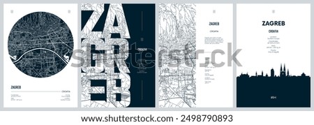 Set of travel posters with Zagreb, detailed urban street plan city map, Silhouette city skyline, vector artwork