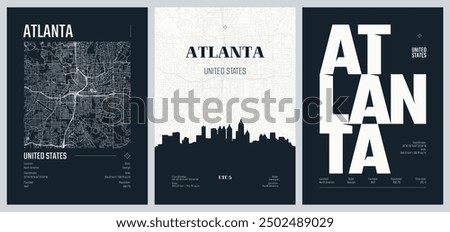 Set of travel posters with Atlanta, detailed urban street plan city map, Silhouette city skyline, vector artwork, set 2