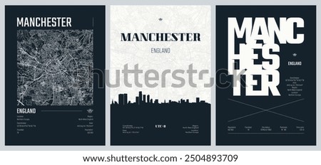 Set of travel posters with Manchester, detailed urban street plan city map, Silhouette city skyline, vector artwork, set 2