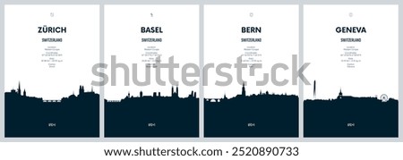 Travel vector set with city skylines Zürich, Basel, Bern, Geneva detailed city skylines minimalistic graphic artwork