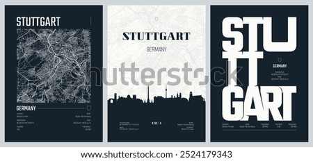 Set of travel posters with Stuttgart, detailed urban street plan city map, Silhouette city skyline, vector artwork, set 2