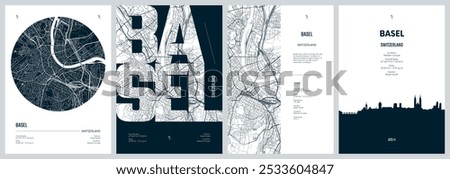 Set of travel posters with Basel, detailed urban street plan city map, Silhouette city skyline, vector artwork