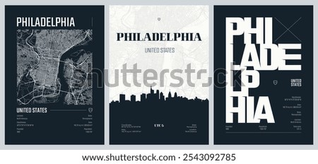 Set of travel posters with Philadelphia, detailed urban street plan city map, Silhouette city skyline, vector artwork, set 2