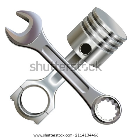 Vector Motor Repair Concept with Wrench and Piston isolated on white background