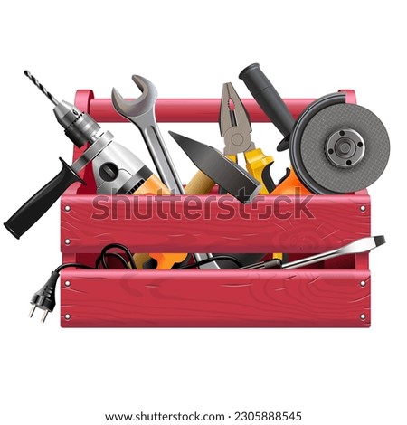 Vector Red Wooden Toolbox with Tools isolated on white background