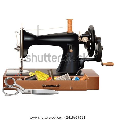 Vector Vintage Manual Sewing Machine with Accessories isolated on white background